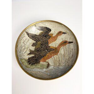 Vintage brass decorative bowl with enamel duck motif